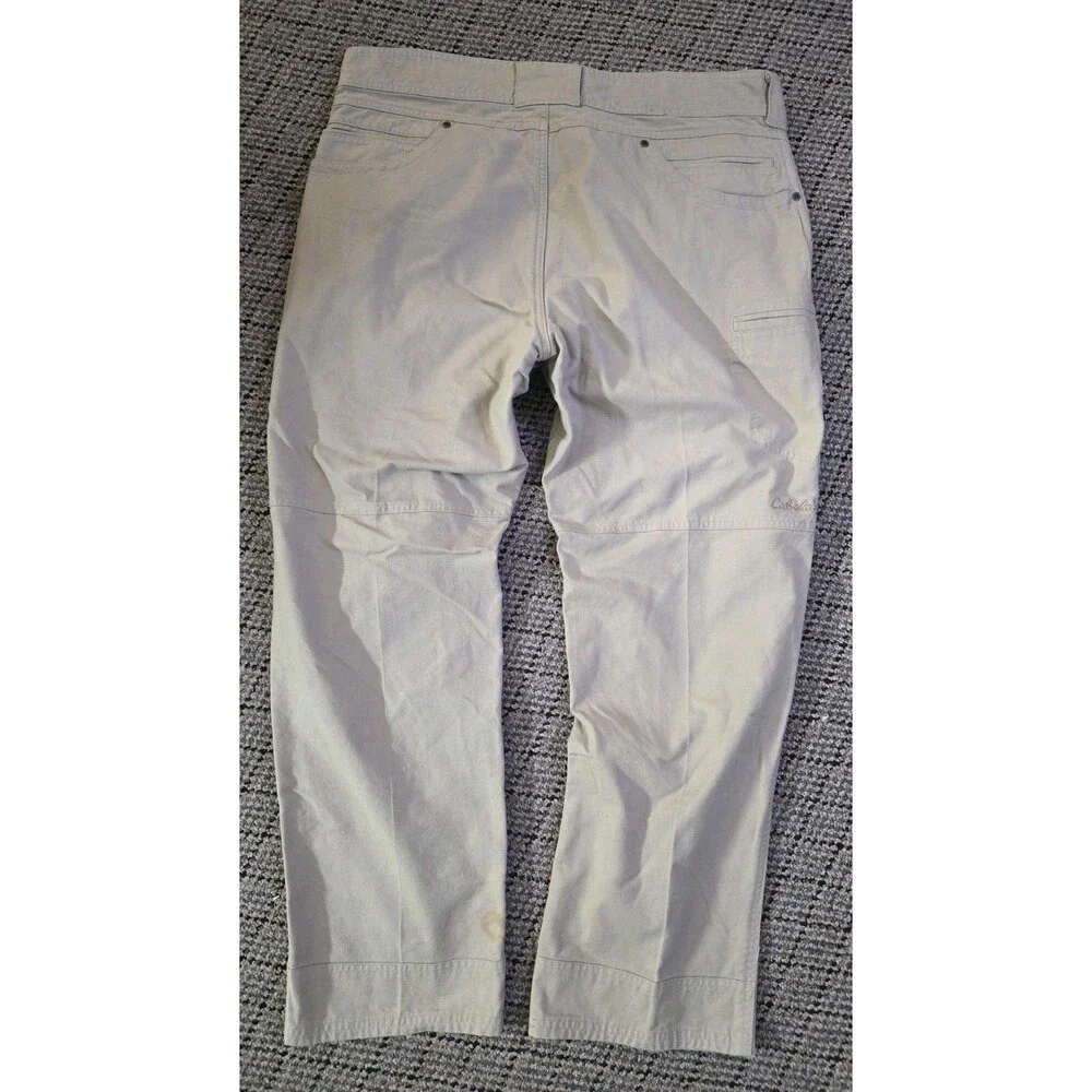 Cabelas Hiking Pants Mens 40X30 Spell Out Logo Cargo Beige Lycra T400 Work Camp